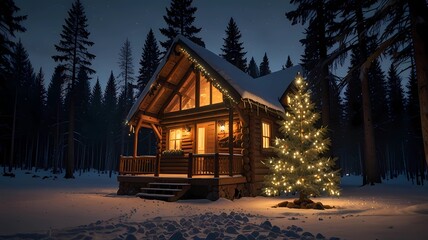 A cozy cabin with a Christmas tree in front of it