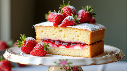 Delicious layer cake with fresh strawberries and cream on a floral cake stand