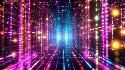 Obraz premium Colorful grid of interconnected data points, with neon hues creating a dynamic and futuristic data flow effect