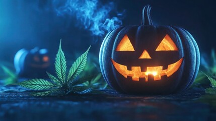 Creepy Halloween Gathering: Glowing Carved Jack-o-Lantern Among Cannabis Plants with Blue Smoke
