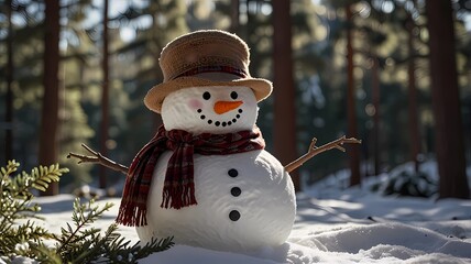 A snowman with a hat and scarf stands in the snow