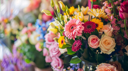 A luxurious bouquet of mixed flowers arranged in a vase, showcasing the work of a florist in a flower shop, with space for text.