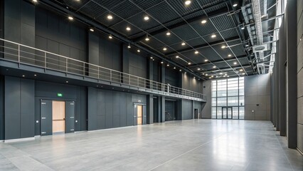 Obraz premium Dark gray walls in an empty and modern hall interior with metal accents, industrial style, dark gray walls, modern design