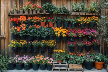 Fototapeta premium Colorful flowers and plants growing in pots on wooden shelves