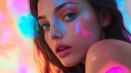 Obraz premium Glamorous woman with shimmering glitter makeup in vibrant colors with copy space