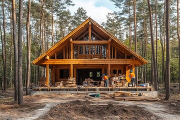 Construction workers building wooden chalet in forest environment