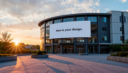 Naklejka premium Street banner mockup PSD on curved building at sunset 
