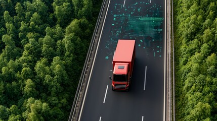 A red truck travels on a highway bordered by lush green trees, with digital overlays suggesting technology or data integration in transportation.