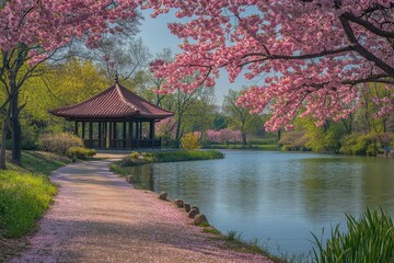 Fototapeta premium Cherry blossoms falling on path by lake with gazebo in spring