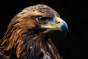 Fototapeta premium Golden eagle showing its plumage and powerful beak on dark background