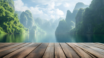 Wooden table top on outdoor natural landscape lake background for product display