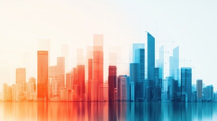 Fototapeta premium A vibrant city skyline with a gradient of red and blue hues, reflecting modern architecture and an urban atmosphere.