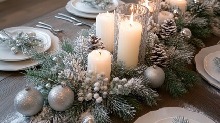 Christmas table decor with candles, frosted ornaments, and pine sprigs for holiday warmth