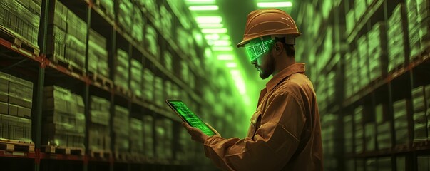 A worker in a warehouse examines data on a tablet, illuminated by green light, surrounded by shelves filled with boxes.