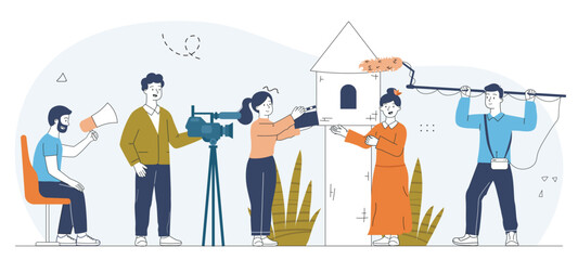 People record movies. Men with cameras and microphones near actor and actress. Film making and industry. Cinema and series. Entertainment and fun. Linear vector illustration