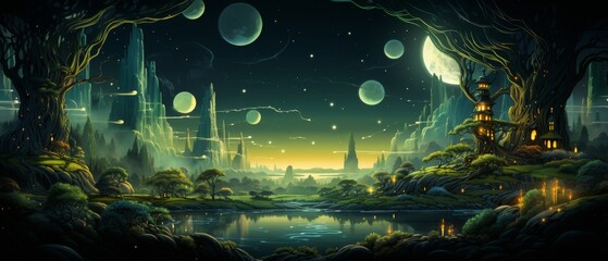 Obraz premium Enchanted Landscape with Mystical Planets and Luminous Trees