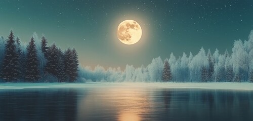 Naklejka premium Moonlit winter landscape over calm river reflecting trees and starlit sky at night