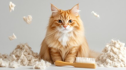 Charming Ginger Cat Surrounded by Fluffy Fur Clumps with a Grooming Brush in a Bright Studio Setting for Pet Care and Animal Photography