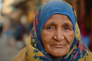 Portrait of an elderly muslim woman wearing a colorful headscarf