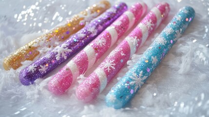Christmas candy canes with a glittery finish and snowflake details.