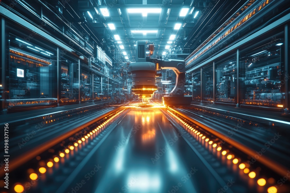 Leinwandbilder robotic arm working in modern futuristic factory processing components