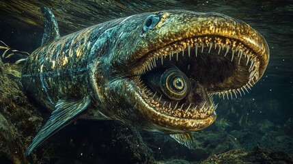 Predator vs. Prey: Lamprey Feeding on Fish in Detailed Underwater Composition