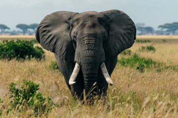 Fototapeta premium Large male african elephant walking in savanna grassland