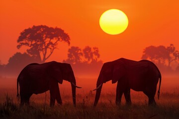Naklejka premium Two elephants walking in sunset, african wildlife safari