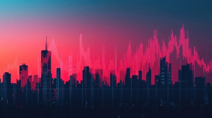 Obraz premium A vibrant skyline with a digital soundwave overlay, showcasing a blend of urban life and technology at sunset.