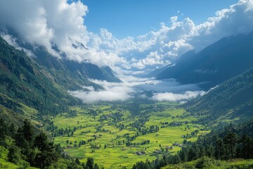Fototapeta premium Stunning mountain valley landscape with flowing clouds and green meadows in munsiyari, uttarakhand, india