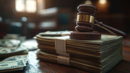 Justice prevails as a gavel rests on a wealthy lawyer's desk surrounded by cash in a luxurious office setting.