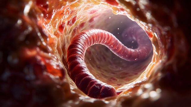 Intricate Macro View of Roundworm in Host's Digestive System - Close-up of Cylindrical Body Against Textured Intestinal Wall Detail