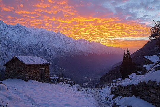 Vibrant sunset illuminating snowy mountain peaks and stone hut