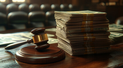 Justice prevails as a gavel rests on a wealthy lawyer's desk surrounded by cash in a luxurious office setting.