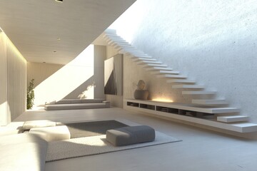 Fototapeta premium Designer minimalist living room with a floating staircase, hidden storage solutions, and an open layout.
