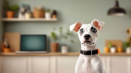 A dog was working at a notebook computer and received bad news. Shocked and say oh my god