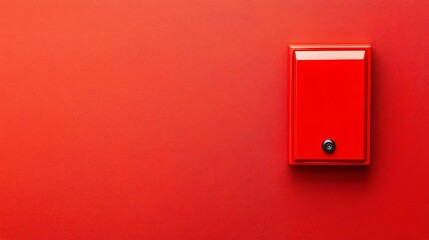 Fire alarm and emergency detection. A vibrant red wall features a glossy red box with a small black button, creating a striking visual contrast.