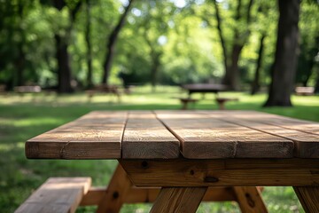 Empty wooden picnic table in sunny park.