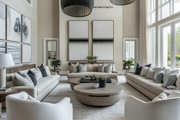 Fototapeta premium High-end living room with oversized art installations, elegant furniture in muted colors, and dramatic pendant lighting.