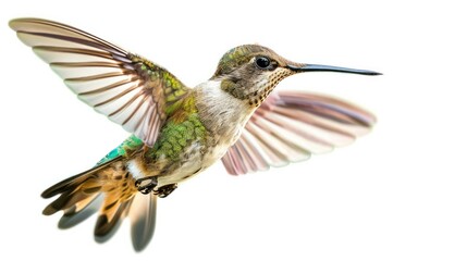 Obraz premium Photograph of a graceful hummingbird hovering in mid-air, its iridescent wings shimmering against a transparent background