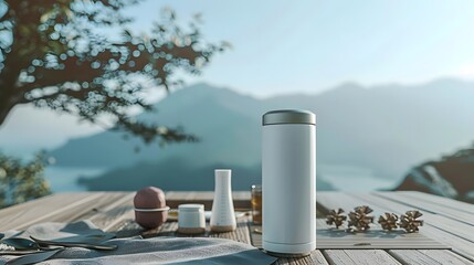 Obraz premium A serene outdoor setting with a thermos and breakfast items overlooking a scenic landscape.