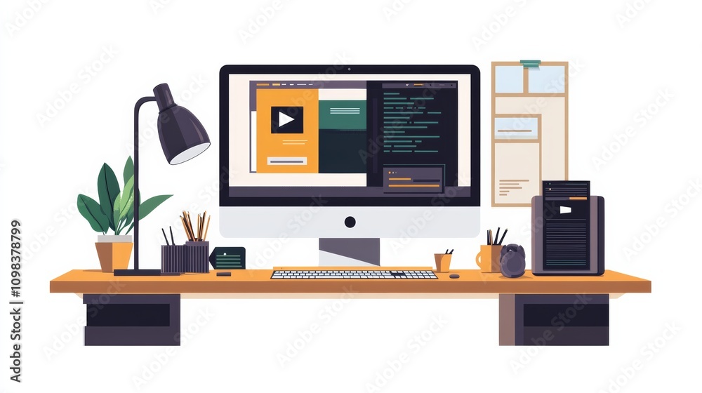 Poster Modern computer display on an office desk with a web design studio concept page. Web design company presentation