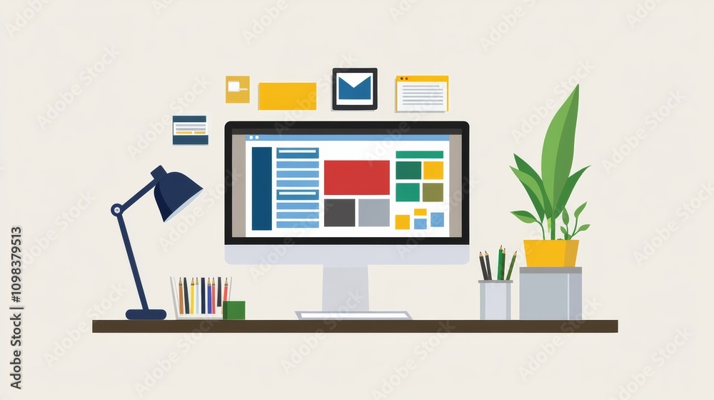 Poster Modern computer display on an office desk with a web design studio concept page. Web design company presentation