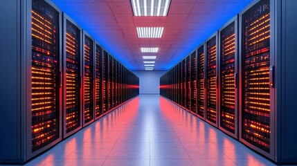 Fototapeta premium Futuristic server room, fiber optic light beams, digital data highways, sleek modern architecture