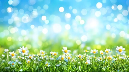 Fototapeta premium Sunny day, blooming daisies in green field.
