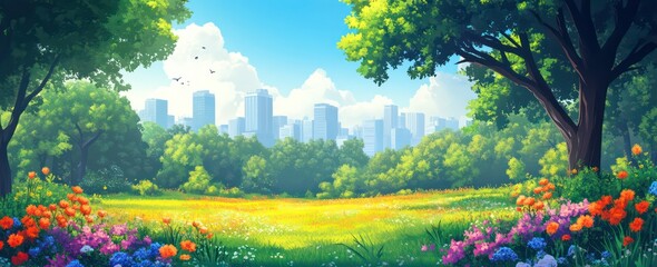 Obraz premium Vibrant city park with blooming flowers, lush trees, and a sunny sky.