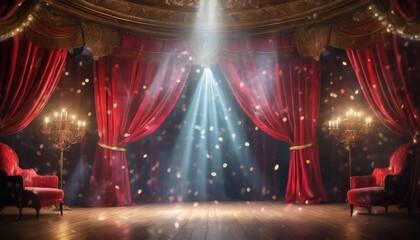 Enchanted Magic Theater Stage with Vibrant Red Curtains, Golden Spotlight, and Dramatic Ambiance for Performances, Plays, Musicals, and Captivating Spectacles in a Classic Artistic Setting