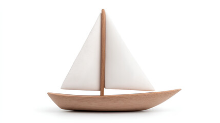 Classic Sailboat Model with Wooden Accents and White Sails Isolated