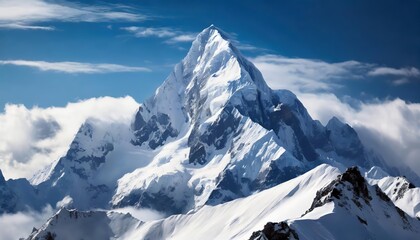 Obraz premium A majestic snowy mountain peak rises above the clouds, its pristine white slopes creating a striking contrast against the vibrant sky, symbolizing natureâ€™s awe-inspiring beauty and serenity.