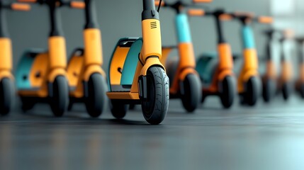 Fototapeta premium A fleet of electric scooters sleek and modern in design lined up and ready to transport commuters through the vibrant minimalist cityscape a futuristic and efficient urban mobility solution